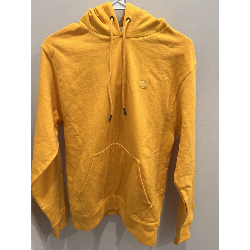 Champion Hoodie Mens Small Yellow Pullover Embroidered Logo Sweatshirt